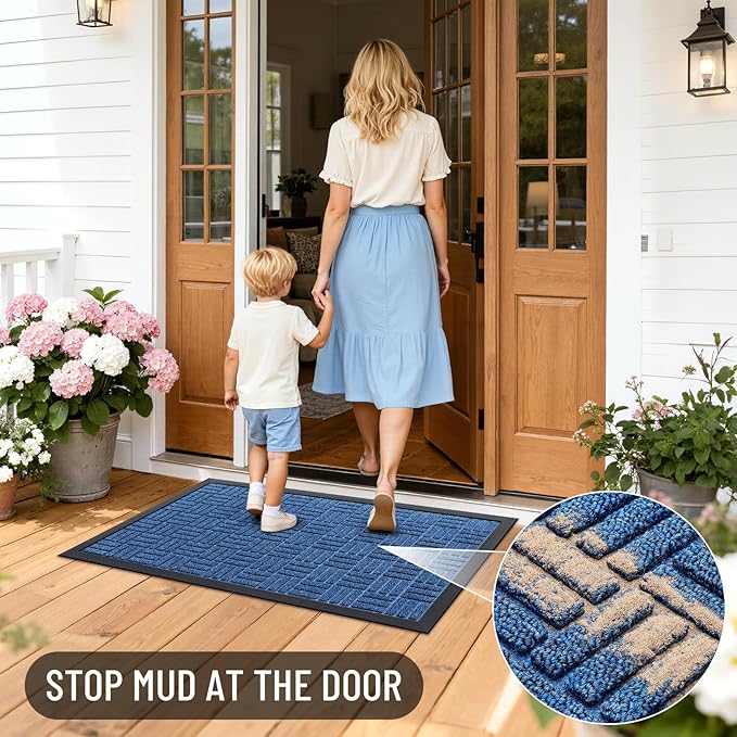 OLANLY Front Door Mat Outside Entrance 47x17, Absorbent, Heavy Duty Sturdy Natural Rubber Doormat Indoor Outdoor, Non-Slip, Stain and Fade Resistant, Low Profile Floor Mat for Entryway, Ocean Blue