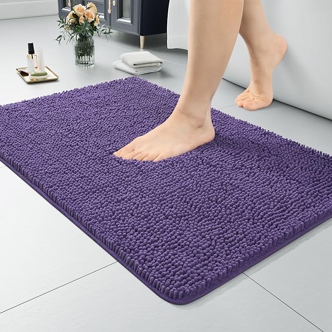 LOCHAS Luxury Bathroom Rug Shaggy Bath Mat 20 x 30 Inch, Washable Non Slip Bath Rugs for Bathroom Shower, Soft Plush Chenille Absorbent Carpets Mats, Dark Purple
