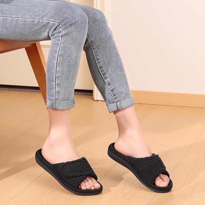 Litfun Orthopedic House Slippers for Women Adjustable Arch Support Indoor Slippers Open Toe Corduroy Bedroom Shoes