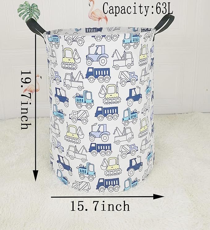 19.7 Inch Round Laundry Clothes Hamper Laundry Basket with Handles,Storage Organizer Bins Laundry Gift Basket for Room, Bedroom Decor (Engineering vehicle)