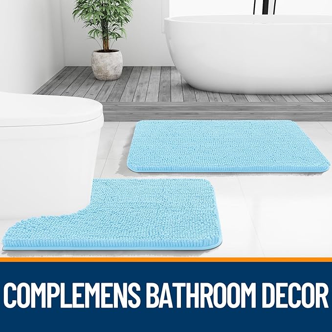 OLANLY Bathroom Rugs 59x24, Extra Soft Absorbent Chenille Bath Rugs, Rubber Backing Quick Dry, Machine Washable Bath Mats for Bathroom Floor, Tub and Shower, Home Decor Accessories, Sky Blue