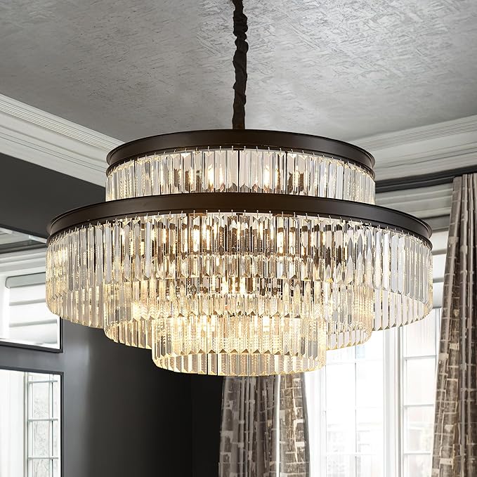 31.5" 18-Light Modern Crystal Chandelier Light Fixture Large 4-Tier Black Luxury Glam Chandeliers for Dining Room Round Hanging Pendant Lighting for Living Room Kitchen Bedroom Foyer Lobby