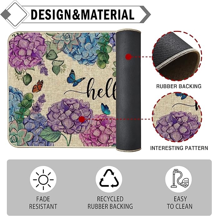 Welcome Spring Door Mat Hydrangea Flowers Doormat Indoor Outdoor Entrance Summer Decor Outdoor Rug Low-Profile Floor Rug Non Slip Spring Summer Decor Rubber Mats for Home Decoration 17x29Inch