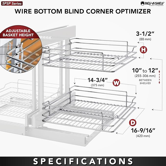 Rev-A-Shelf Dual Tier Pullout Shelf Storage Organizer for Blind Corner Kitchen or Bathroom Cabinets,18", 4 Shelves, Silver, 5PSP-18-CR
