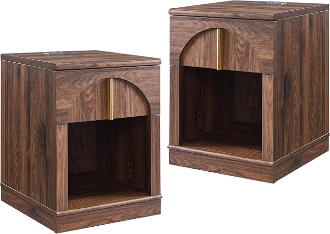 ACCOHOHO Modern Night Stand Set 2 with Arched Panel,18" Wooden nightstand with Charging Station,Bedside Table with Drawer Storage,Side End Table with Open Shelf for Bedroom、Living Room,Brown
