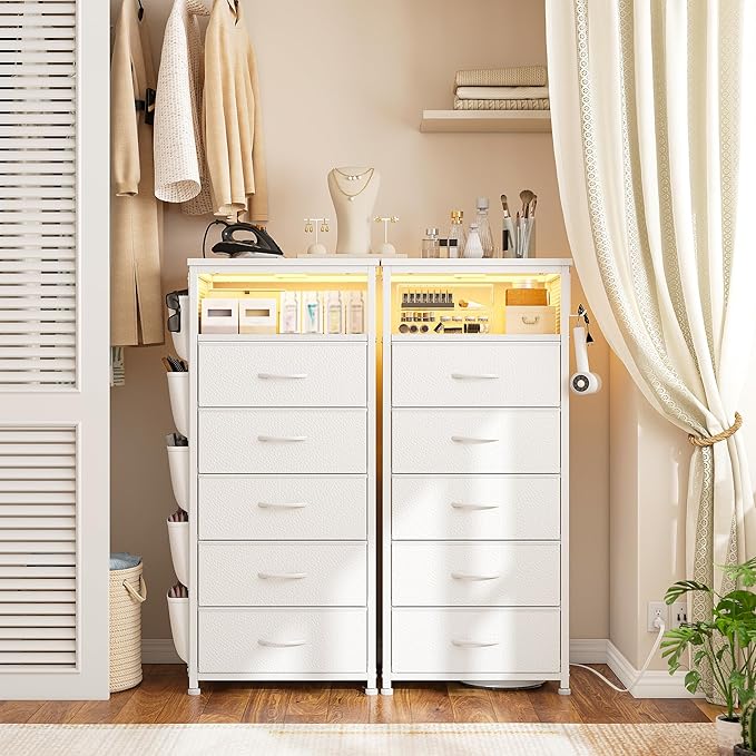 EnHomee Tall Night Stand Set 2 with 5 Drawers, LED Nightstand with Ports & Outlets, White Dresser with Extra Side Bag & Storage Shelf & Hooks, Bedroom, Dorm, Closet