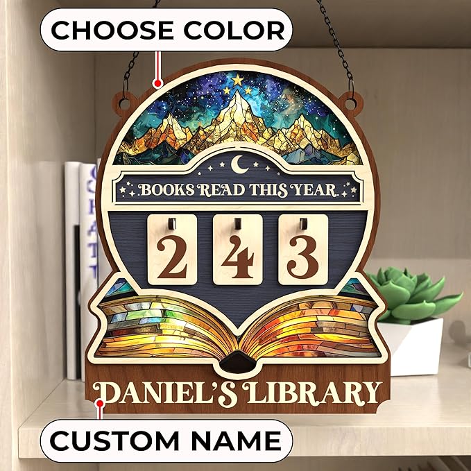Personalized Books Read This Year Counter, Book Tracker Sign, Reading Tracking Wooden Frame, Book Lover Gift for Readers, Librarians, Writers, Bookish Decor for Home Library Bookshelf