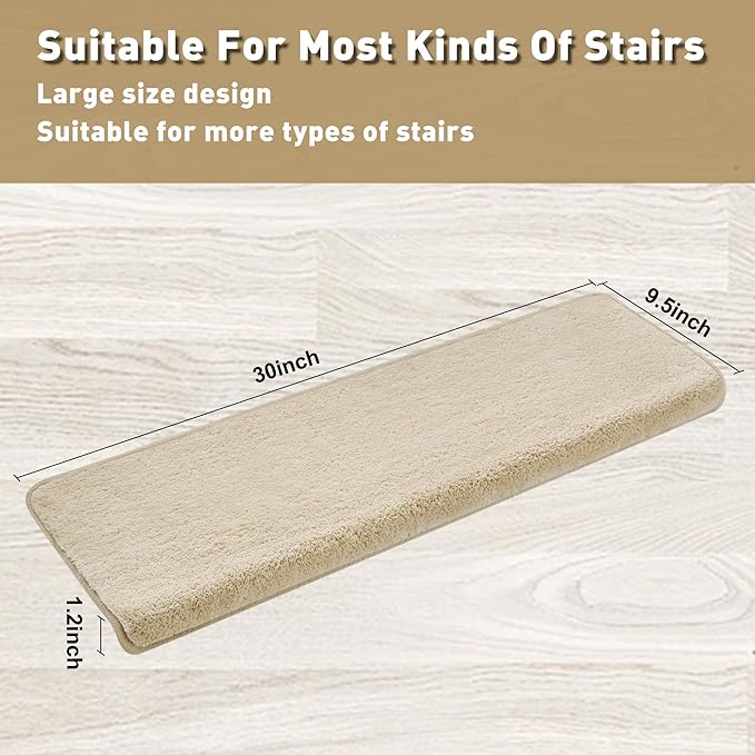 PURE ERA Carpet Stair Treads Ultra Plush 9.5" X 30"Soft Bullnose Indoor Stair Protectors Pet-Friendly Non-Slip Skid Resistant Tape Free Washable Reusable(2 Pieces,Beige)
