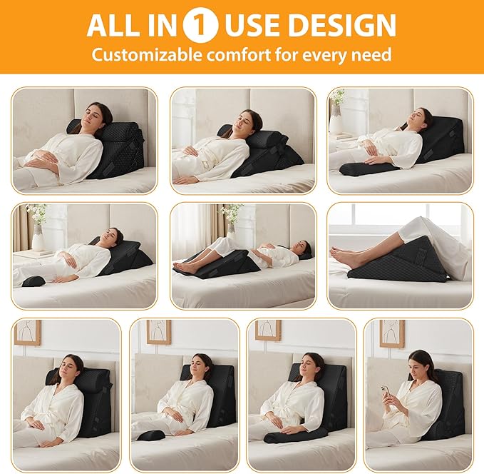 3PCS Wedge Pillow Set for After Surgery, Adjustable 9&12 Inch Bed Wedge Pillow for Sleeping, Incline Pillow Wedge for Headboard, Post Surgery, Acid Reflux, Neck&Back Support, Plush Black