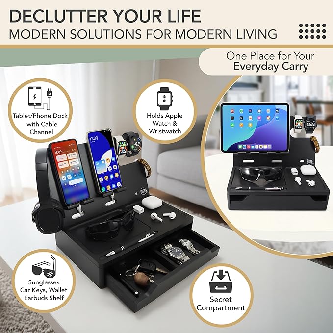 Nightstand Organizer with Drawer- Wood Phone Docking Station- Desk Organizer for Two Phones or Tablet, Watches, Headphone & Accessories- Unique Gifts for Men, Dad or Son (Black)