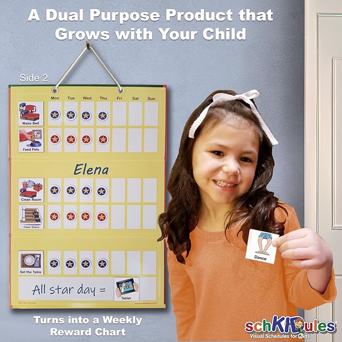 SchKIDules Home-Themed Magnetic Visual Schedule & Reward Chart w/129 Colorful Magnets & 2-Sided 18” Folding Board; for Daily Routines, Chores, Behavioral Supports, Kids’ Calendar, ADHD & Autism Tools