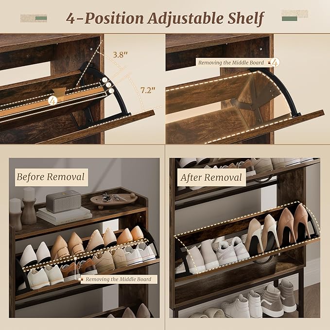 Narrow Shoe Storage Cabinet with 2 Flip Drawers & Adjustable Shelf for Entryway, Freestanding Hidden Slim Shoe Organizer Rack, Rustic Brown