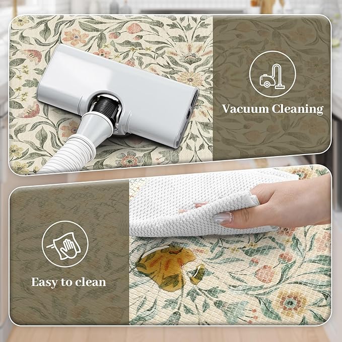 KIMODE Anti Fatigue Kitchen Mats for Floor, Boho Floral Kitchen Rugs Sets of 2, Cushioned Kitchen Floor Mats Non Slip, Comfort Rugs for Kitchen Floor Sink Laundry Desk Beige 17.3"x29"+17.3"x47"