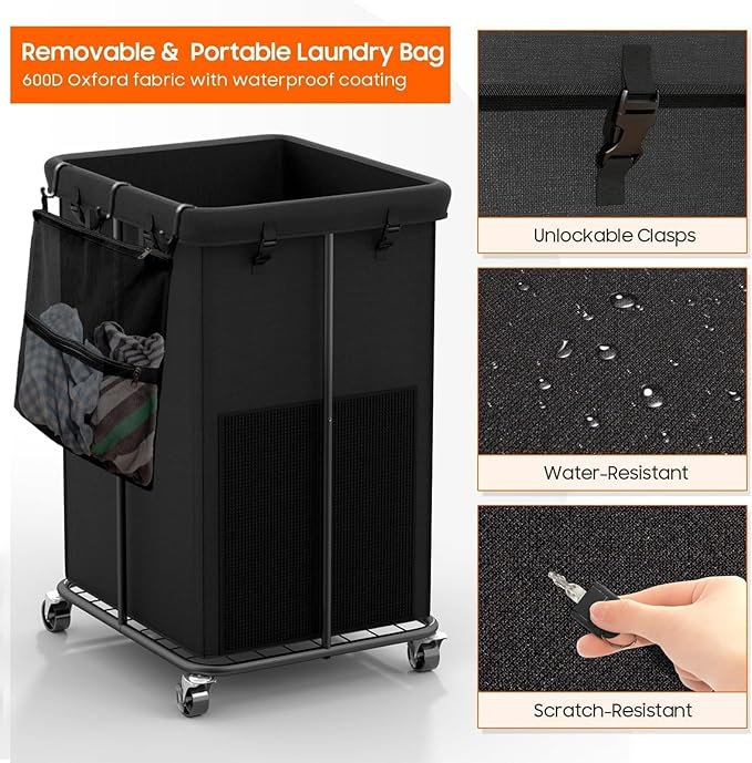 160L Laundry Basket with Wheels, Rolling Laundry Hamper with Removable Bag and Metal Frame for Dirty Clothes - Bedroom/Laundry Room/Bathroom Applicable （Large & Tall）