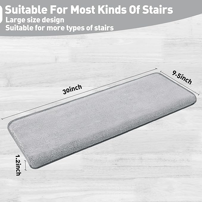 PURE ERA Carpet Stair Treads Ultra Plush 9.5" X 30"Soft Bullnose Indoor Stair Protectors Pet-Friendly Non-Slip Skid Resistant Tape Free Washable Reusable(2 Pieces,Gray)
