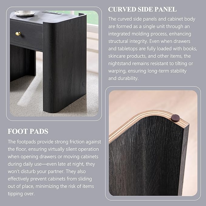 23.6" Tall Modern Nightstand with Charging Station, 22" Wide Curved Bedside Table with 1 Storage Drawer, Wooden Night Stand, Large End Table for Bedroom, Living Room, Dark Grey