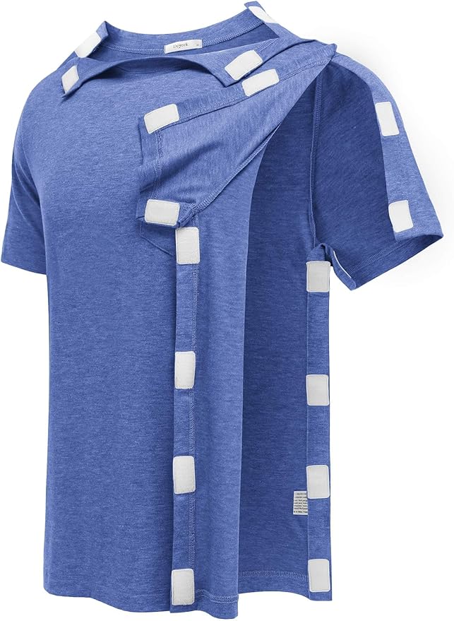 Deyeek Shoulder Post Surgery Recovery Shirts for Men Full Tear Away Short Sleeve T Shirt Adaptive Chemo Clothing