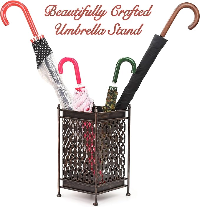Dualplex Super Quality Umbrella Stand Umbrella Holder Antique Look Metal Entry Hallway Décor Square w/Removable Drip Tray Home Office Rack Holds Umbrellas Canes Walking Sticks Gift Idea 16" Tall