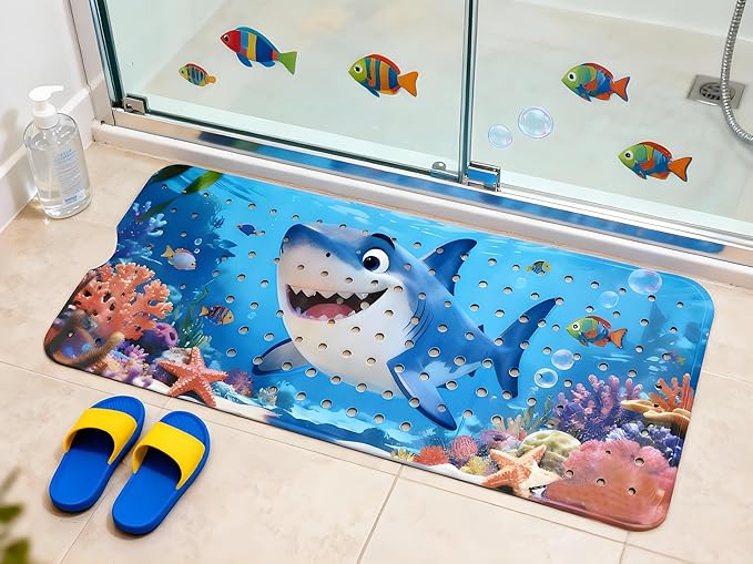 Bathtub Mat Non Slip Shower Mat for Kids, Extra Long 40"x16", Machine Washable Bathmat with Drain Holes, Suction Cups for Bathroom Floor, Cartoon Shark Bath Tub Mat for Students,Toddler,Pets