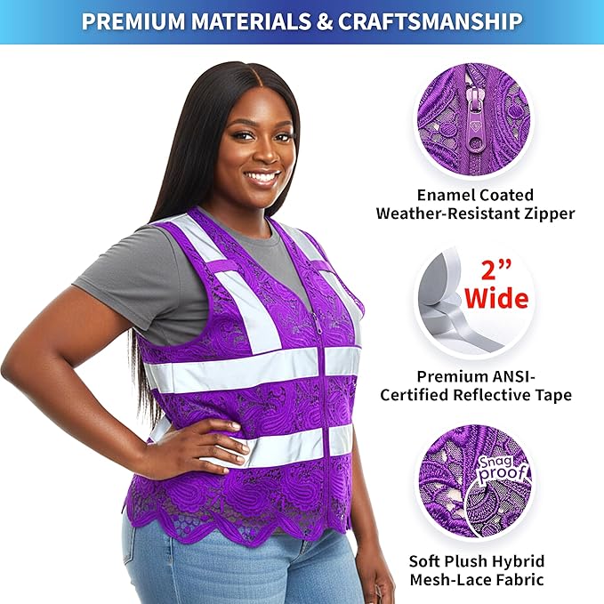 Lace-Mesh Safety Vest for Women & Men - Breathable, High Visibility Vest with Zipper & ANSI Class 2 Reflective Strips