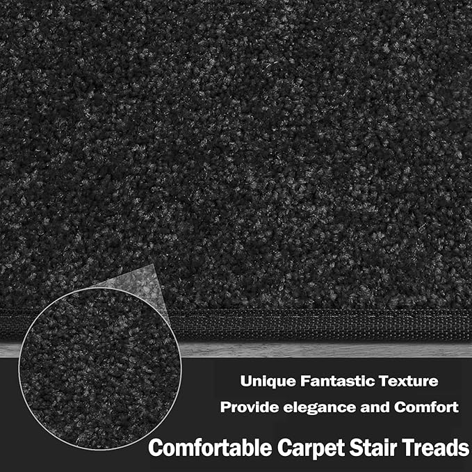PURE ERA Bullnose Carpet Stair Treads Set Tape Free Non-Slip Indoor Stair Protectors Pet Friendly Rugs Covers Soft Skid Resistant Washable Reusable 9.5" x 30"(2 Pieces,Black)