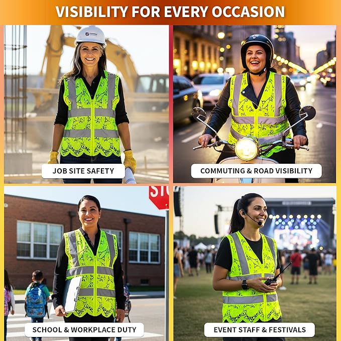 Lace-Mesh Safety Vest for Women & Men - Breathable, High Visibility Vest with Zipper & ANSI Class 2 Reflective Strips