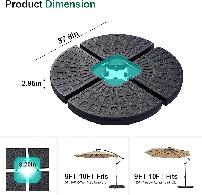 VECELO 4-Piece Round Offset Patio Umbrella Base Stand Heavy Duty, Wind-Resistant with U Locking, Stable, Water/Sand Filled for Deck, Poolside, Beach, Market, Garden, Black