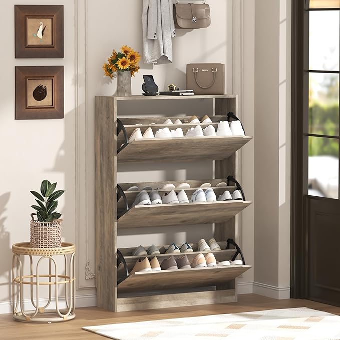 Shoe Cabinet with 3 Flip Drawers, 47" Slim Hidden Wood Shoe Storage Cabinet with Adjustable Shelf, Freestanding Narrow Shoe Rack Organizer for Entryway, Hallway, Grey