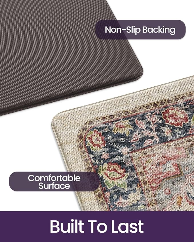 DEXI Kitchen Floor Mats Anti Fatigue, 23x86 Large Long Cushioned Vintage Runner Rug Waterproof, Standing Comfort Memory Foam Padded for Front Sink Laundry Office, Beige and Red