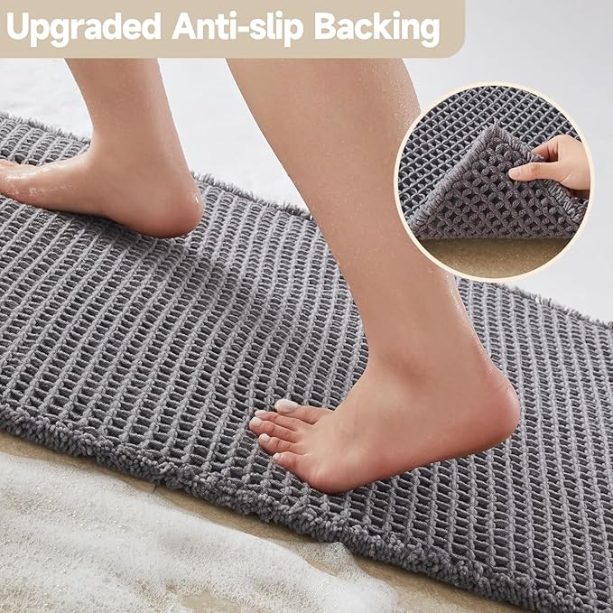 Waffle Bath Mat, Boho Bathroom Rugs Non Slip Washable Super Absorbent Quick Dry Bath Mat Farmhouse Bathroom Decor, 24"x16" Grey