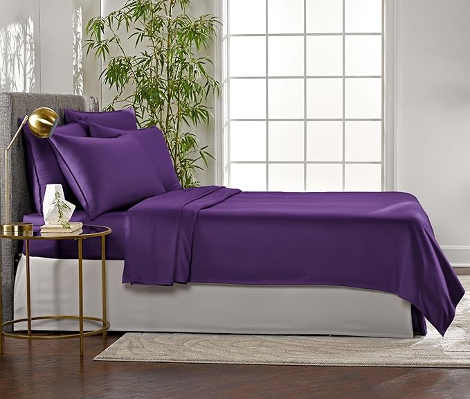 Pure Bamboo Queen Sheets, Genuine 100% Organic Viscose Derived from Bamboo Bed Sheet Set, Luxuriously Soft & Cooling, Double Stitching, 2 Year Quality Promise (Queen, Purple)