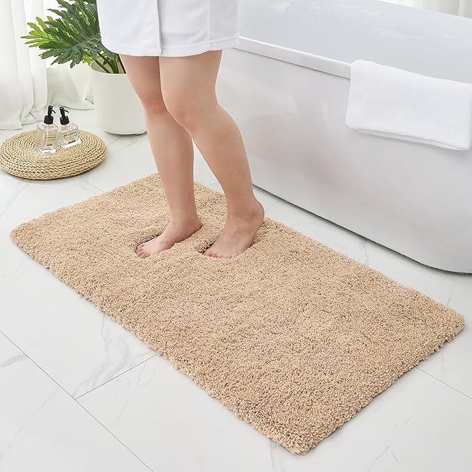 Bathroom Rugs 59x24, Ultra Thick Shaggy Soft Microfiber Absorbent Bath Rug, High Density Foam Latex Non Slip Backing, Machine Washable Bath Mats for Bathroom Floor & Sink, Beige