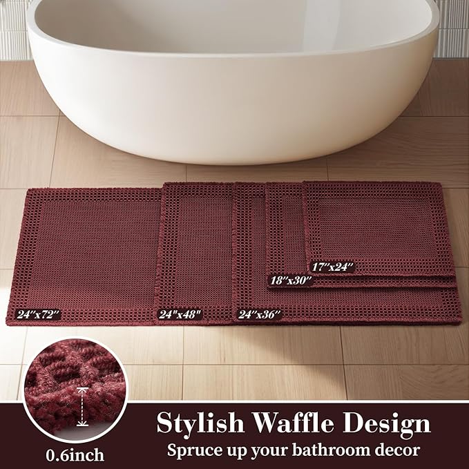 RESARE Waffle Bathroom Runner Rugs, Super Absorbent Bath Mat Non Slip Washable Quick Dry, Upgraded Ultra Soft Boho Bath Rugs with Tassels for Hallway Bedroom Laundry Room, 2'x6'(24"x72"), Dark Red
