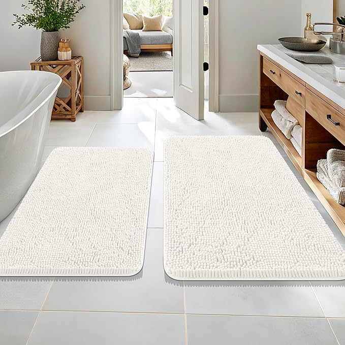 OLANLY Bathroom Rugs Sets 2 Piece, Soft Absorbent Chenille Bath Mats Area Rug Set, Non-Slip, Quick Dry, Machine Washable Bath Mats for Bathroom, Home Decor Accessories (36"x24"+30"x20", Ivory)