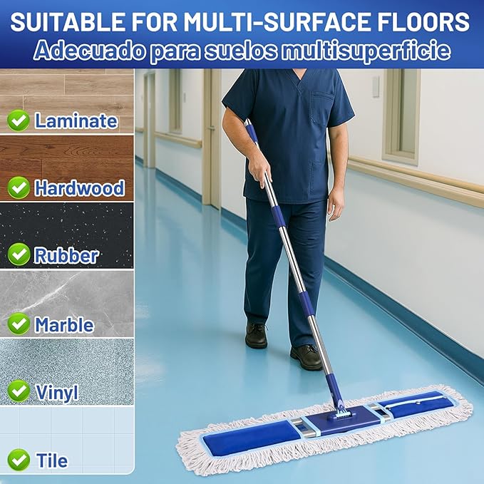 36" Commercial Dust Mop: Dry Dust Broom for Hardwood Floors Cleaning - 2 Reausable Mop Pads 59" Long Handle Heavy Duty Frame - Professional Cleaning Supplies for Hotel Warehouse School Janitor