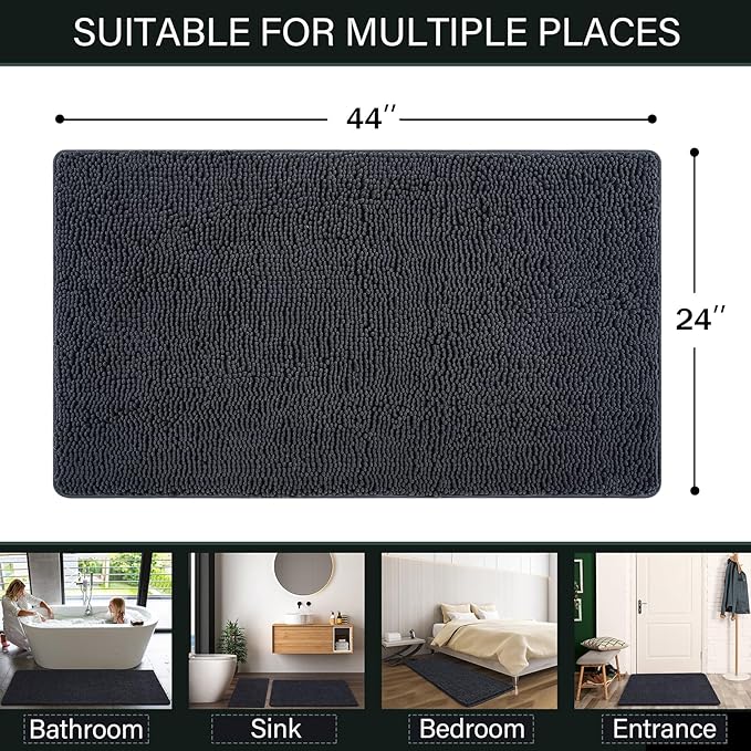 LOCHAS Luxury Bathroom Rug Shaggy Bath Mat 24 x 44 Inch, Washable Non Slip Bath Rugs for Bathroom Shower, Soft Plush Chenille Absorbent Carpets Mats, Dark Grey