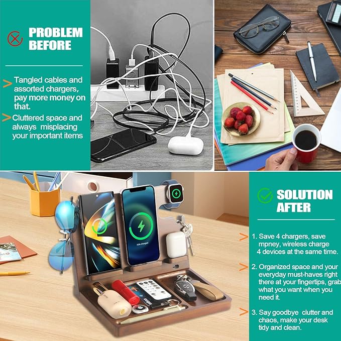 Wood Phone Docking Station Dual Phone Wireless Charging Station Organizer with 4 Wireless Charger Stand for iPhone Samsung iWatch AirPod Mens Nightstand Organizer Anniversary Birthday Gifts for Men