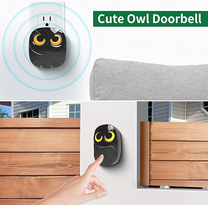Wireless Doorbell, Cute Owl Doorbell Weatherproof IP55 Outdoor Remote Push Button- 1000 feet Long Wireless Range- 35 Classic Melodies Optional,5 Volume Levels & LED Flash-2Receivers+1Transmitter,Black