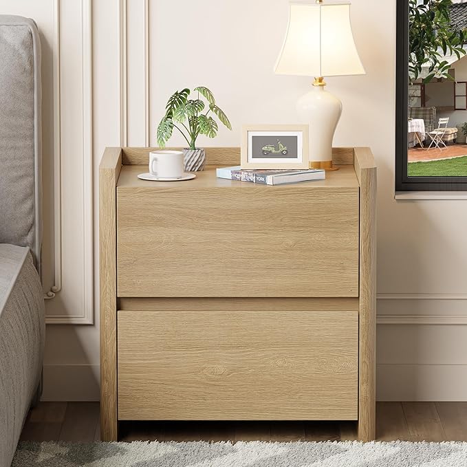 Nightstand with 2 Storage Drawer, Modern End Table for Bedroom with Cut-Out Handle, Large Night Stands for Bedroom, Home Office, Set of 1, Oak