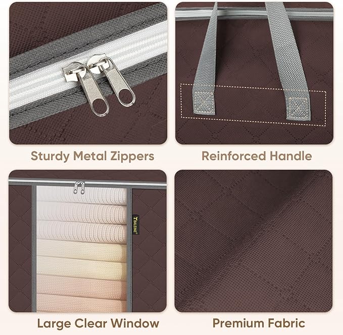 BALEINE 8 Pack Clothes Storage Bags, 16 Gallon Storage Containers with Reinforced Handle, Sturdy Zipper, Closet Organizer for Blanket, Comforter, Pillow, Bedding (Brown, 8 Pack)