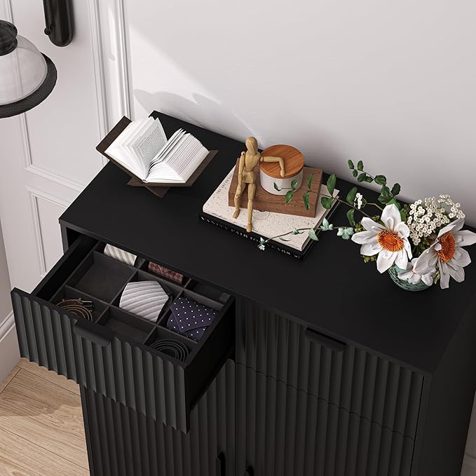 Fluted Shoe Cabinet, 4-Tier Mid Century Modern Narrow Shoe Storage Cabinet with Doors & 2 Drawers, Adjustable Shelves, Freestanding Hidden Shoe Rack Organizer & Wooden Legs for Entryway