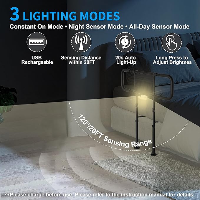 Bed Rails for Elderly Adults Safety - Adjustable Bed Side Rails with Support Leg, Bed Cane with Storage Bag and Motion Sensor Light, Fits Queen, King, Twin, Full, Supports up to 400lbs