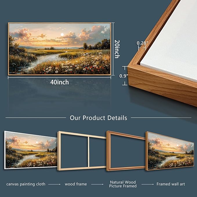 FUHAIHUA Wood Framed Canvas Wall Art For Living Room Wall Decor For Bedroom Office Wall Decoration Sunset Landscape Painting Farmhouse Pictures Artwork Room Aesthetic Home Decor 20x40 In