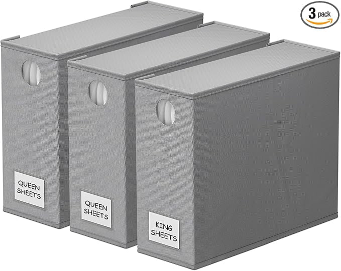 SpaceAid 3 Pack Bed Sheet Organizers and Storage, Foldable Sheet Organizer for Linen Closet, Sheets Set Folder Keeper with Window XL (Queen & King Size) Bedding Container (Gray, 3 Pack)