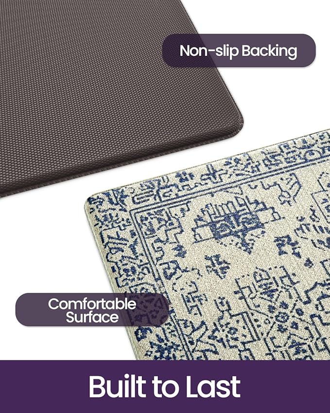 DEXI Kitchen Mats for Floor Cushioned, 23x86 Extra Large Long Runner Rug Non Slip, Waterproof Soft Comfort Standing Padded Anti Fatigue Decorative, Blue White