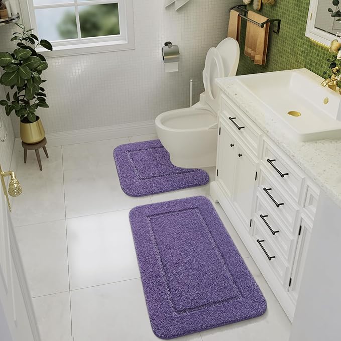LOCHAS Bathroom Rug Set Purple, Soft Bath Rug Set 2 Piece Set, Toilet Mat U-Shaped 20x20 and 34x20 Bath Rugs, Quickly Dry Mats for Bathroom, Tub, Washable, Super Absorbent Floor Mat