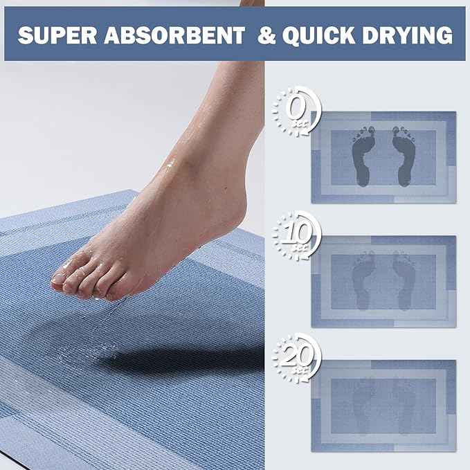 Extra Long Non Slip Bathroom Runner Bath Mat, Rubber Backing Ultra Thin Bath Rug Fit Under Door Quick Dry Super Absorbent Washable Shower Mat for Bathroom Floor Bathtub Sink, Blue 24"x70"