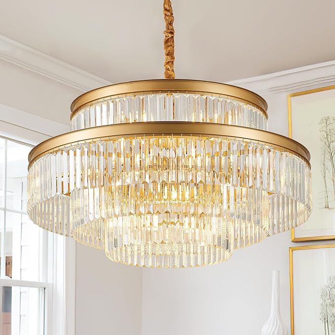 31.5" 18-Light Modern Crystal Chandelier Light Fixture Large 4-Tier Gold Luxury Glam Chandeliers for Dining Room Round Hanging Pendant Lighting for Living Room Kitchen Bedroom Foyer Lobby