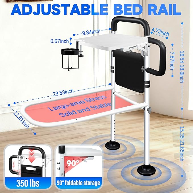 Bed Rails for Elderly Adults Safety with Foldable Tray, Adjustable Bed Assist Rails for Seniors with Motion Sensor Light & Cup Holder, ASTM Approved Bed Cane Bed Rail with 2 Handles & Pocket