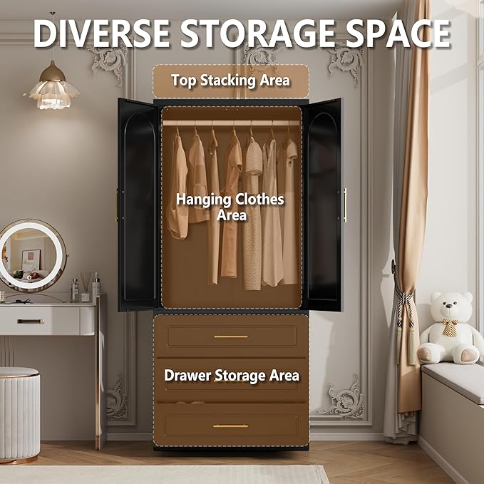 71" Tall Metal Armoire Wardrobe Closet witih Three Drawers, Large Wardrobe Cabinet with Hanging Rod, Clothing Storage Cabinet with Doors and Shelves for Bedroom, Black, Assemble Required